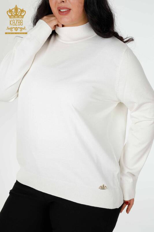 Venta al por mayor Suéter de punto para mujer con cuello levantado Logo básico Ecru - 16663 | kazee