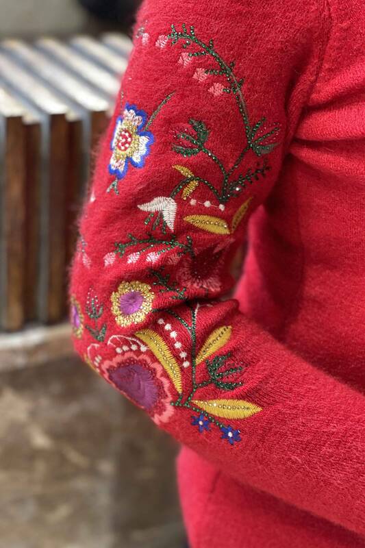 Venta al por mayor Suéter de punto de mujer con cuello de pie Floral Angora - 18868 | kazee