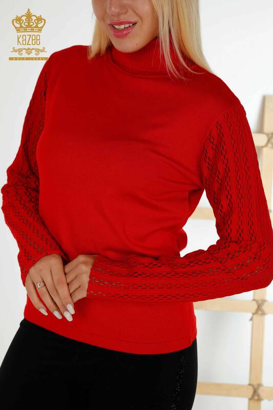 Venta al por mayor de prendas de punto para mujer, suéter de cuello alto, rojo - 15193 | kazee