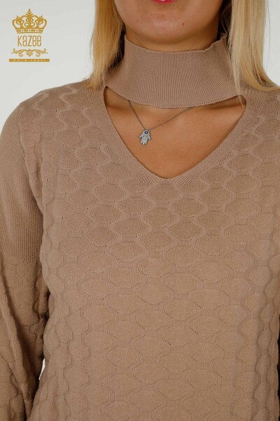Venta al por mayor Suéter de Punto para Mujer - Cuello Detallado - Beige - 30363 | kazee - Thumbnail