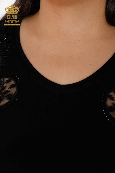 Venta al por mayor Suéter de punto con cuello en V para mujer Detalle de tul bordado con piedra de cristal - 79008 | kazee - Thumbnail