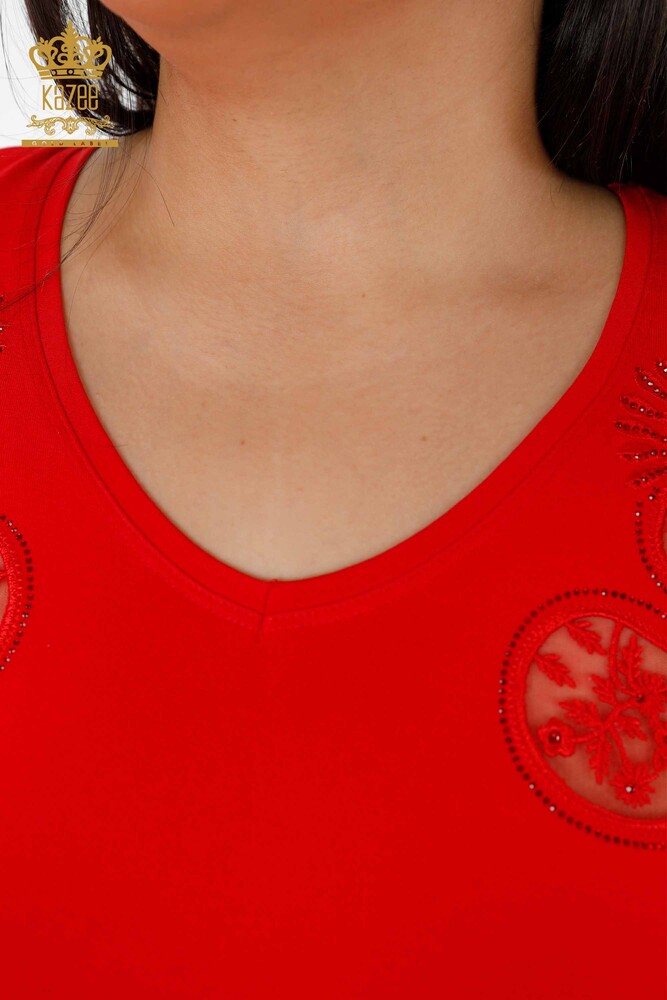 Venta al por mayor Suéter de punto con cuello en V para mujer Detalle de tul bordado con piedra de cristal - 79008 | kazee - 30