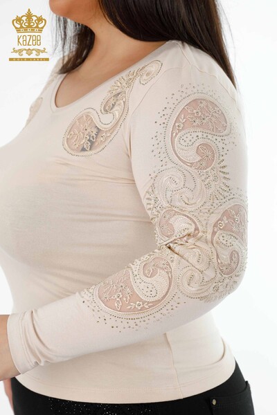 Venta al por mayor Suéter de punto con cuello en V para mujer Detalle de tul bordado con piedra de cristal - 79008 | kazee - 44