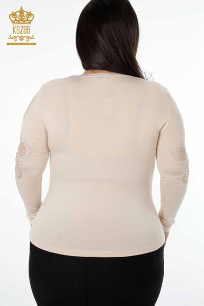 Venta al por mayor Suéter de punto con cuello en V para mujer Detalle de tul bordado con piedra de cristal - 79008 | kazee - 49