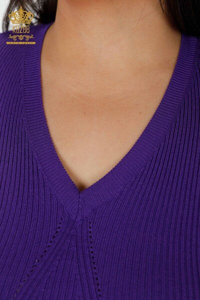 Venta al por mayor Suéter de punto para mujer con cuello en V Púrpura - 16249 | kazee - Thumbnail
