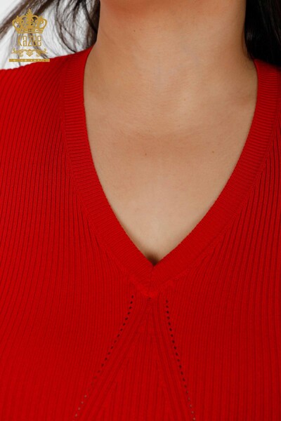 Venta al por mayor Suéter de punto para mujer con cuello en V rojo - 16249 | kazee - Thumbnail