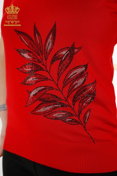 Venta al por mayor Prendas de punto para mujer Estampado de hojas Rojo - 16716 | kazee - Thumbnail