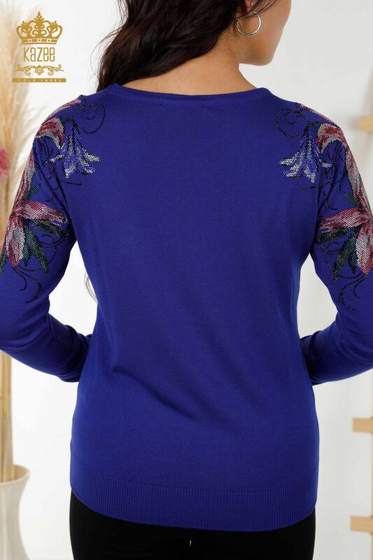Venta al por mayor de punto para mujer Bordado floral en el hombro Azul oscuro - 30188 | kazee