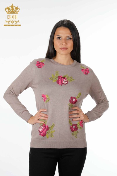 Venta al por mayor Suéter de Punto de Mujer de Manga Larga con Estampado de Rosas Bordado de Piedra - 16846 | kazee - Thumbnail