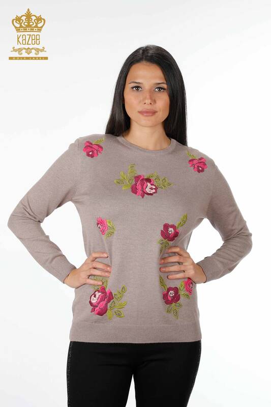 Venta al por mayor Suéter de Punto de Mujer de Manga Larga con Estampado de Rosas Bordado de Piedra - 16846 | kazee