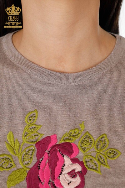 Venta al por mayor Suéter de Punto de Mujer de Manga Larga con Estampado de Rosas Bordado de Piedra - 16846 | kazee - Thumbnail