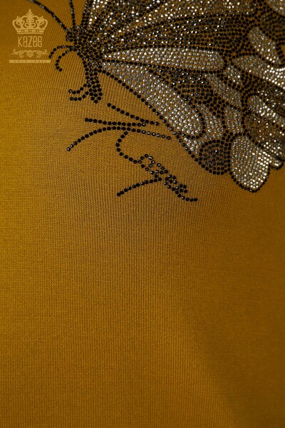 Venta al por mayor Suéter de punto para mujer con estampado de mariposas color azafrán - 16958 | kazee - Thumbnail