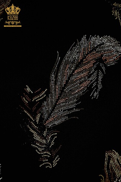 Venta al por mayor Suéter de punto para mujer con estampado de plumas en negro - 30316 | kazee - Thumbnail
