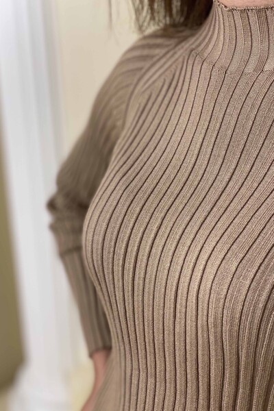 Venta al por mayor Suéter de punto a rayas para mujer con cuello levantado básico - 16204 | kazee - Thumbnail