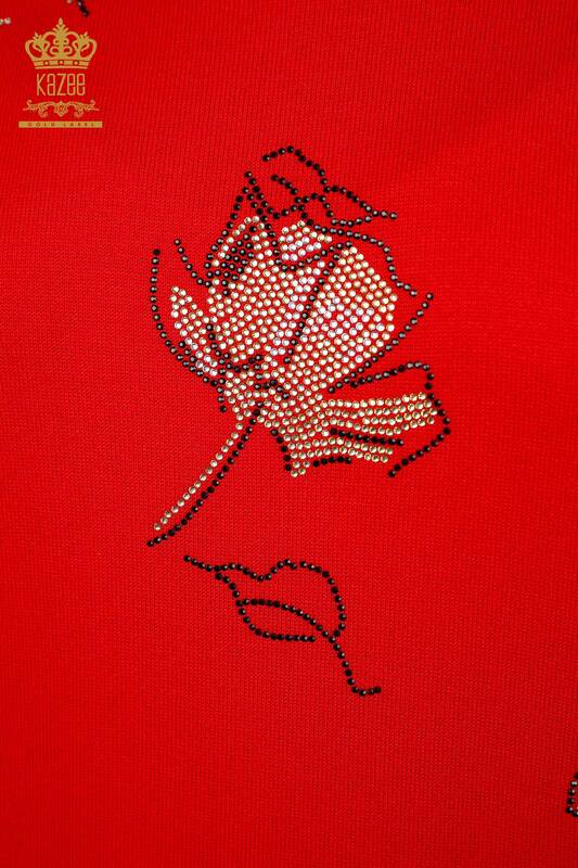 Venta al por mayor Prendas de punto para mujer con estampado de rosas de manga corta con bordado de piedra - 16908 | kazee