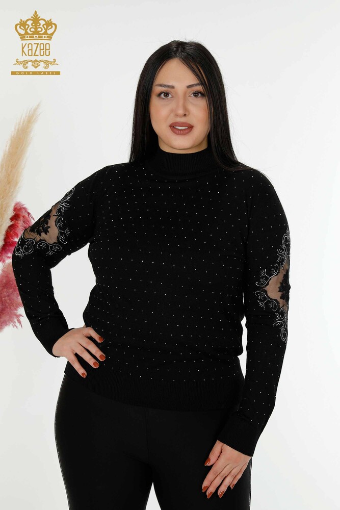 Venta al por mayor Suéter de punto para mujer con piedra bordada en negro - 30014 | kazee - 1