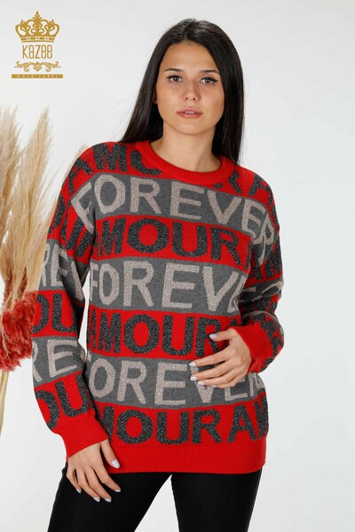 Venta al por mayor de suéter de punto para mujer con letras rojas detalladas - 30022 | kazee - 1