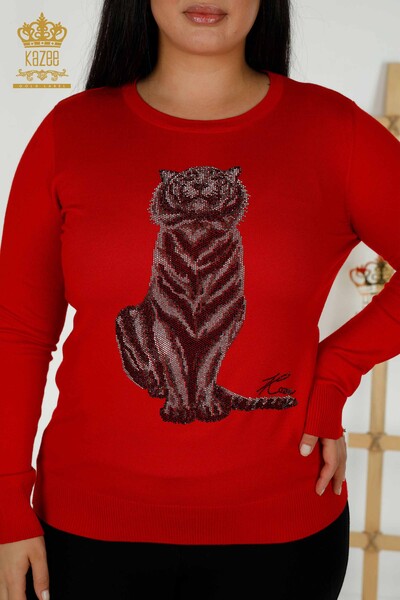 Venta al por mayor Suéter de punto para mujer - Patrón de tigre - Rojo - 30127 | kazee - Thumbnail