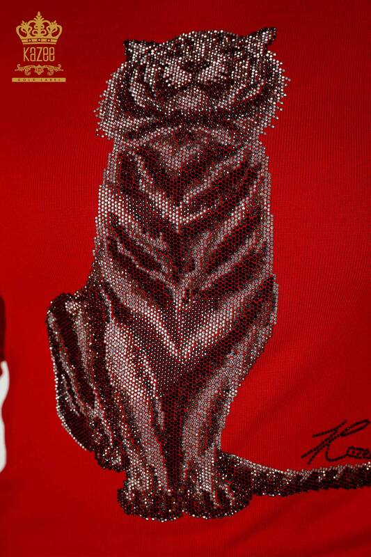 Venta al por mayor Suéter de punto para mujer - Patrón de tigre - Rojo - 30127 | kazee
