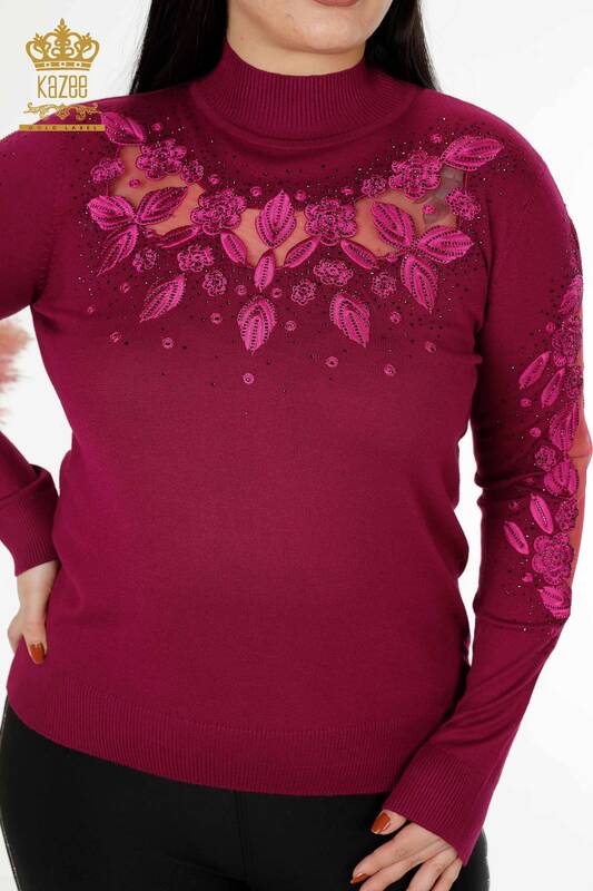 Venta al por mayor Suéter de Punto de Mujer Tul Detallado Púrpura - 30123 | kazee