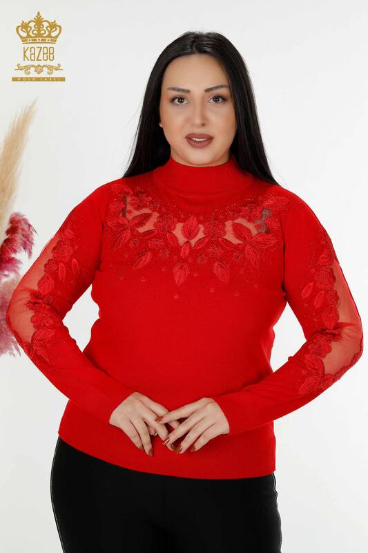 Venta al por mayor Suéter de Punto de Mujer Tul Detallado Rojo - 30123 | kazee