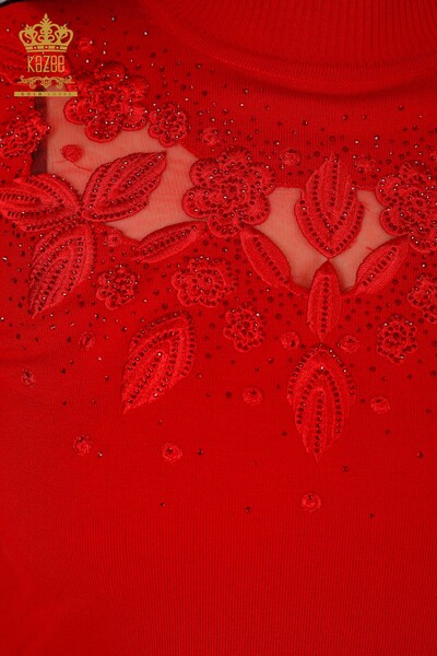 Venta al por mayor Suéter de Punto de Mujer Tul Detallado Rojo - 30123 | kazee - 3
