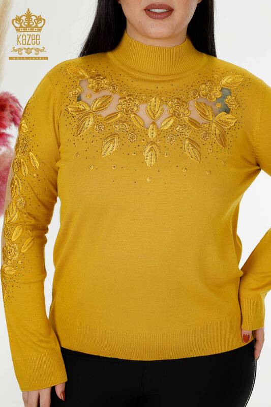 Venta al por mayor de suéter de punto de mujer de tul con detalle de azafrán - 30123 | kazee