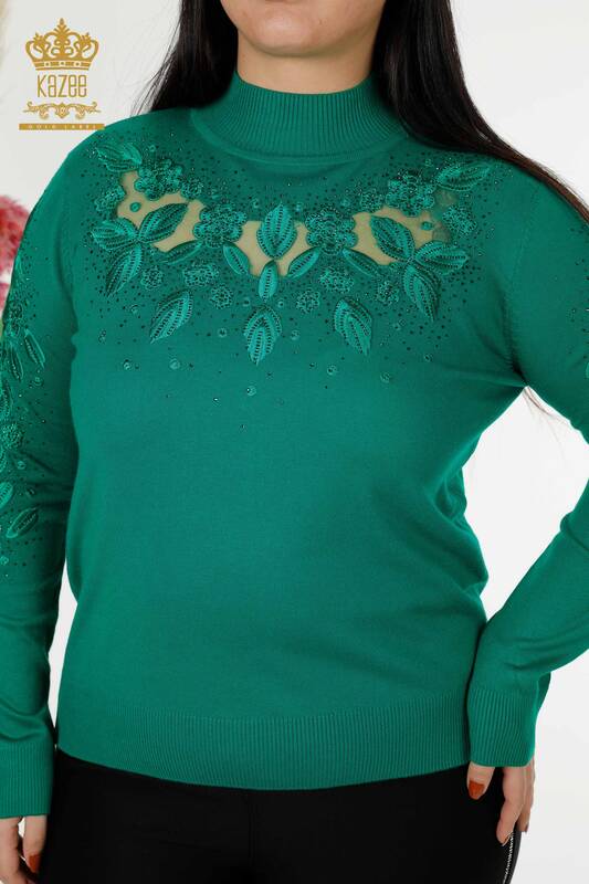 Venta al por mayor de suéter de punto de mujer de tul detallado verde - 30123 | kazee