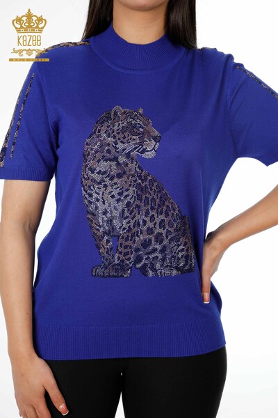 Venta al por mayor de prendas de punto con estampado de leopardo y manga corta bordada a rayas para mujer - 16856 | kazee - Thumbnail