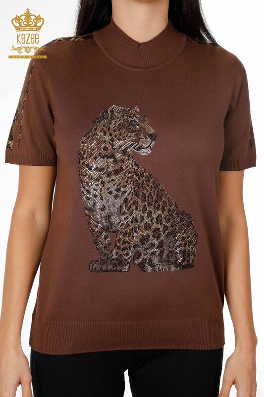 Venta al por mayor de prendas de punto con estampado de leopardo y manga corta bordada a rayas para mujer - 16856 | kazee
