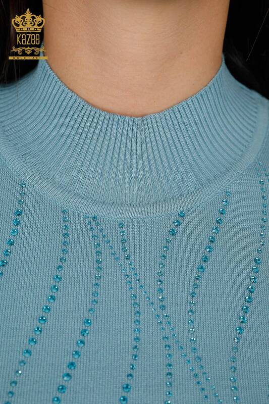 Venta al por mayor de prendas de punto para mujer, línea de manga corta, cuello pedregoso detallado - 16718 | kazee