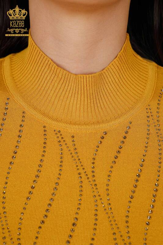 Venta al por mayor de prendas de punto para mujer, línea de manga corta, cuello pedregoso detallado - 16718 | kazee