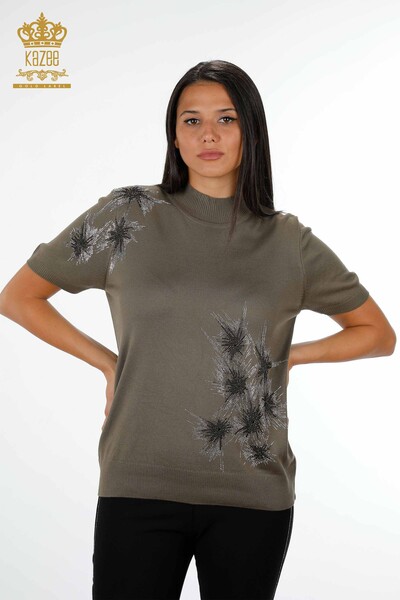 Venta al por mayor de prendas de punto de mujer con manga detallada de piedra bordada modelo americano - 16712 | kazee - Thumbnail