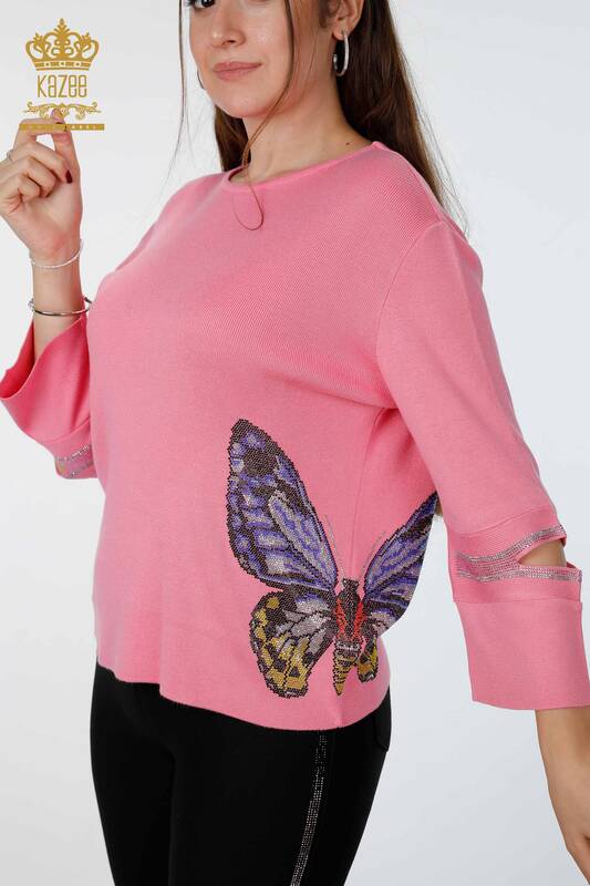 Venta al por mayor Prendas de punto para mujer con estampado de mariposas en piedra bordada viscosa - 16474 | kazee