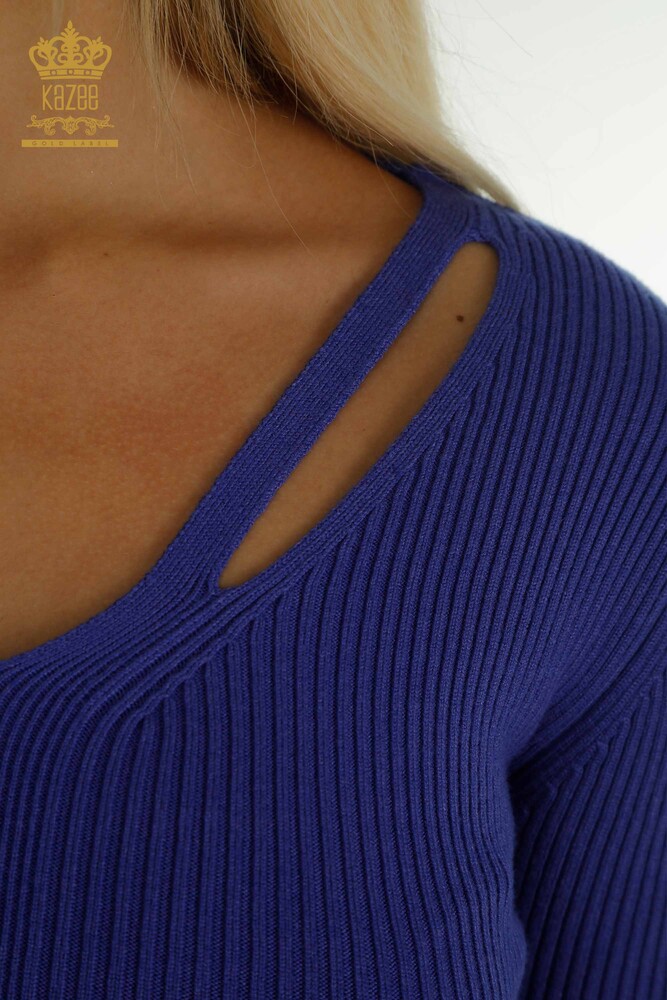 Venta al por mayor de Prendas de Punto para Mujer Suéter con Cuello Detallado Violeta - 30392 | KAZEE - 4