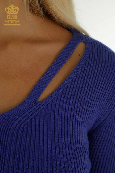 Venta al por mayor de Prendas de Punto para Mujer Suéter con Cuello Detallado Violeta - 30392 | KAZEE - Thumbnail