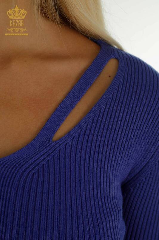 Venta al por mayor de Prendas de Punto para Mujer Suéter con Cuello Detallado Violeta - 30392 | KAZEE