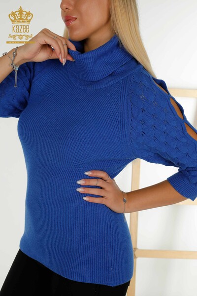 Venta al por mayor de punto de mujer suéter cuello alto manga detallada Saks - 30560 | KAZEE - Thumbnail