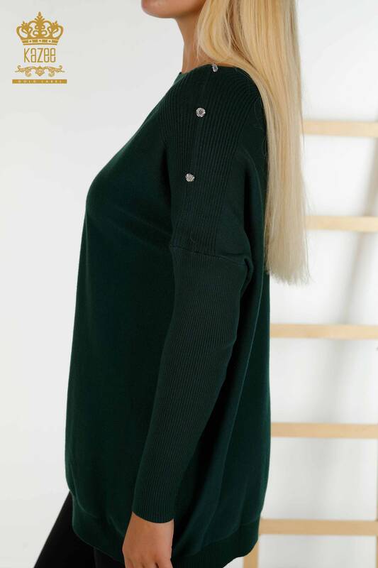Venta al por mayor de punto de mujer suéter hombro detallado verde oscuro - 30192 | KAZEE