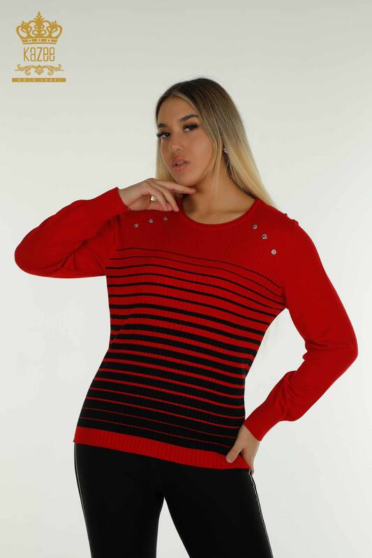 Venta al por mayor Jersey de Punto para Mujer con Detalle en Hombros Rojo-Negro - 30079 | KAZEE