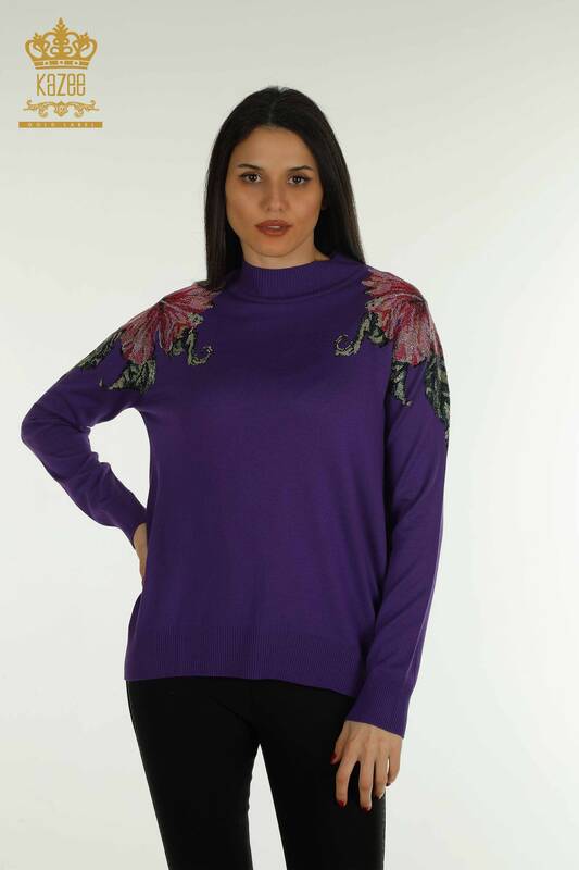 Venta al por mayor de Mujer Prendas de Punto Suéter Hombro Flor Detallada Púrpura - 30542 | KAZEE