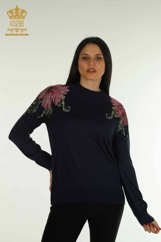 Venta al por mayor de Mujer Prendas de Punto Suéter Hombro Flor Detallada Azul Marino - 30542 | KAZEE