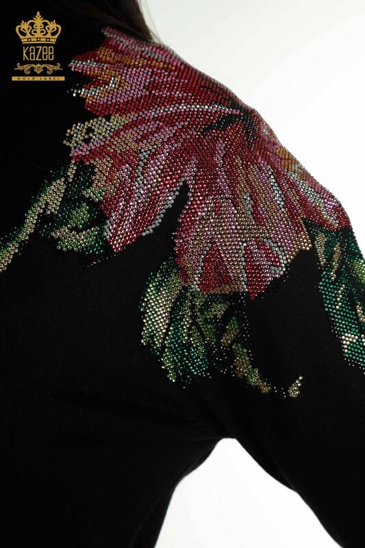 Venta al por mayor de Prendas de Punto para Mujer Suéter Hombro Flor Detallada Negro - 30542 | KAZEE