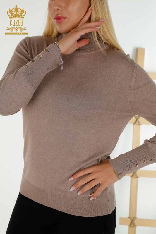 Venta al por mayor Suéter de Punto para Mujer con Detalle de Botón en el Puño Visón - 30506 | KAZEE