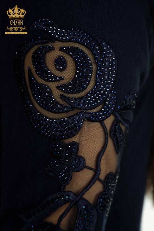 Venta al por mayor Jersey de punto para mujer con manga y detalle de rosa Azul marino - 15374 | KAZEE