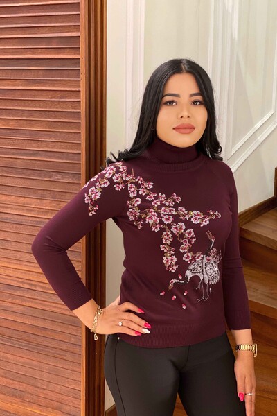 Venta al por mayor Mujeres Prendas de Punto Suéter de Cuello Alto Patrón Floral Colorido - 15921 | kazee - Thumbnail