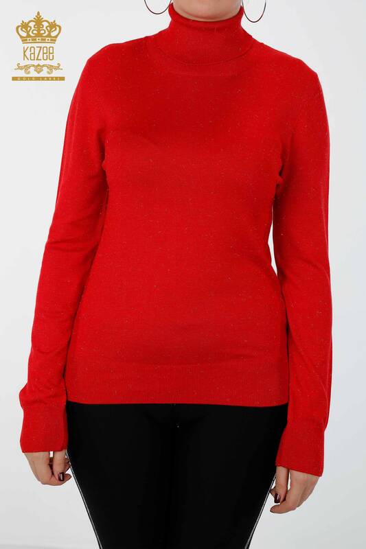 Venta al por mayor Suéter de punto para mujer con brillo Transición de cuello alto de gran tamaño - 15144 | kazee