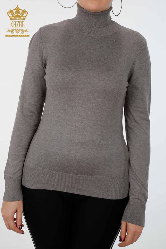 Venta al por mayor Suéter de punto para mujer con brillo Transición de cuello alto de gran tamaño - 15144 | kazee