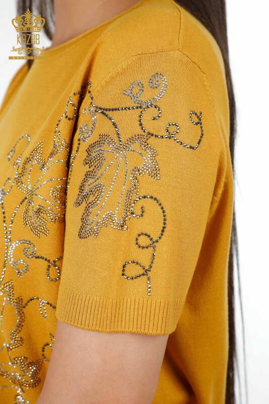Venta al por mayor de prendas de punto para mujer con estampado de hojas modelo americano bordado con piedra - 15862 | kazee