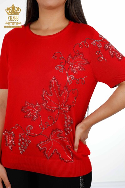Venta al por mayor de prendas de punto para mujer con estampado de hojas modelo americano bordado con piedra - 15862 | kazee - Thumbnail